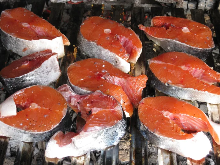 Raw salmon steaks laid out on a grill