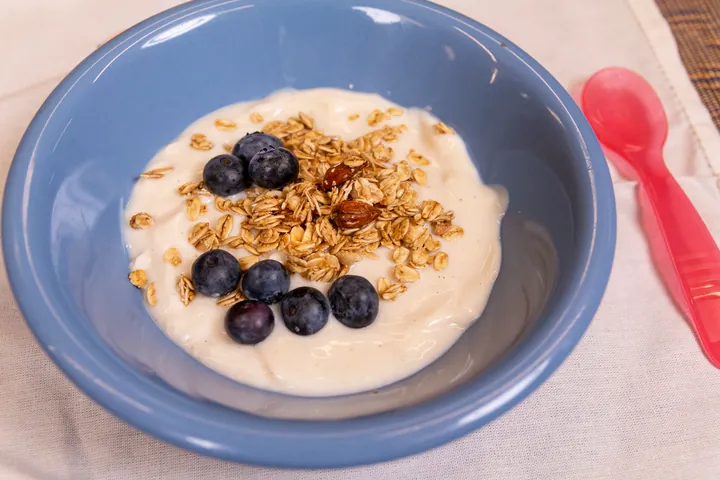 A blue bowl of yoghurt topped with blueberries and granola