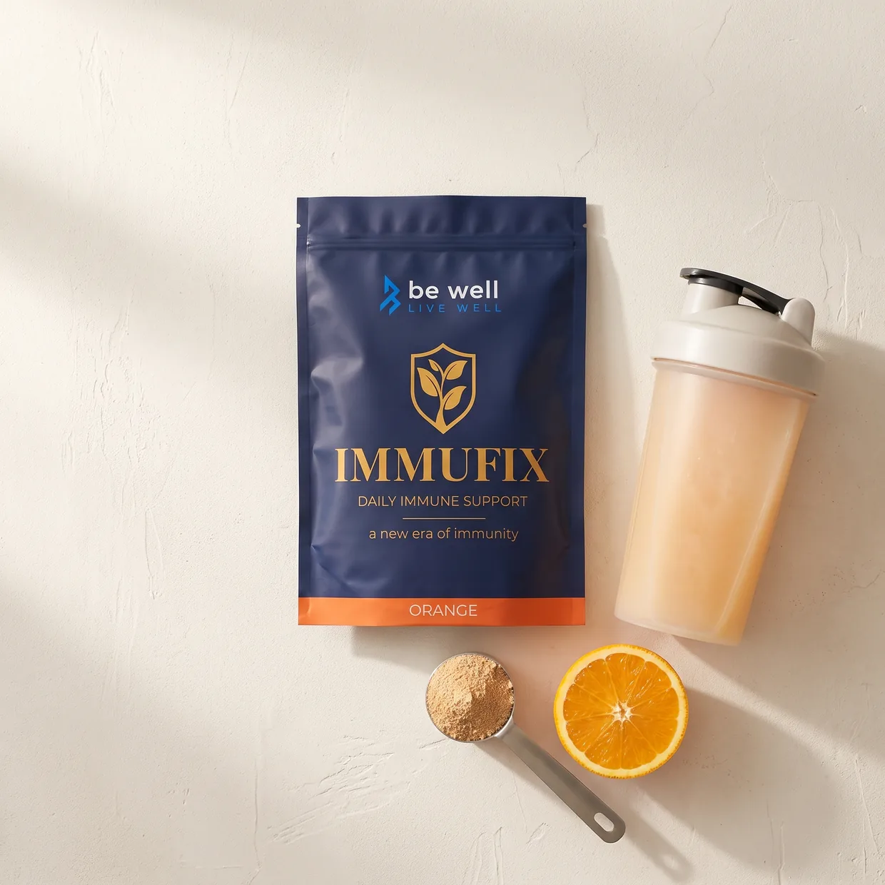 Immufix Orange from above with a shaker, a scoop of powder and half an orange