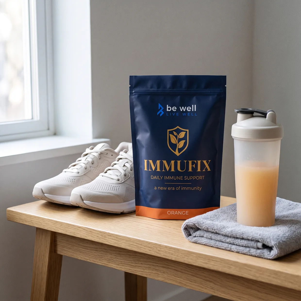 Running shoes, a towel, a shaker and a pouch of Immufix Orange by a window