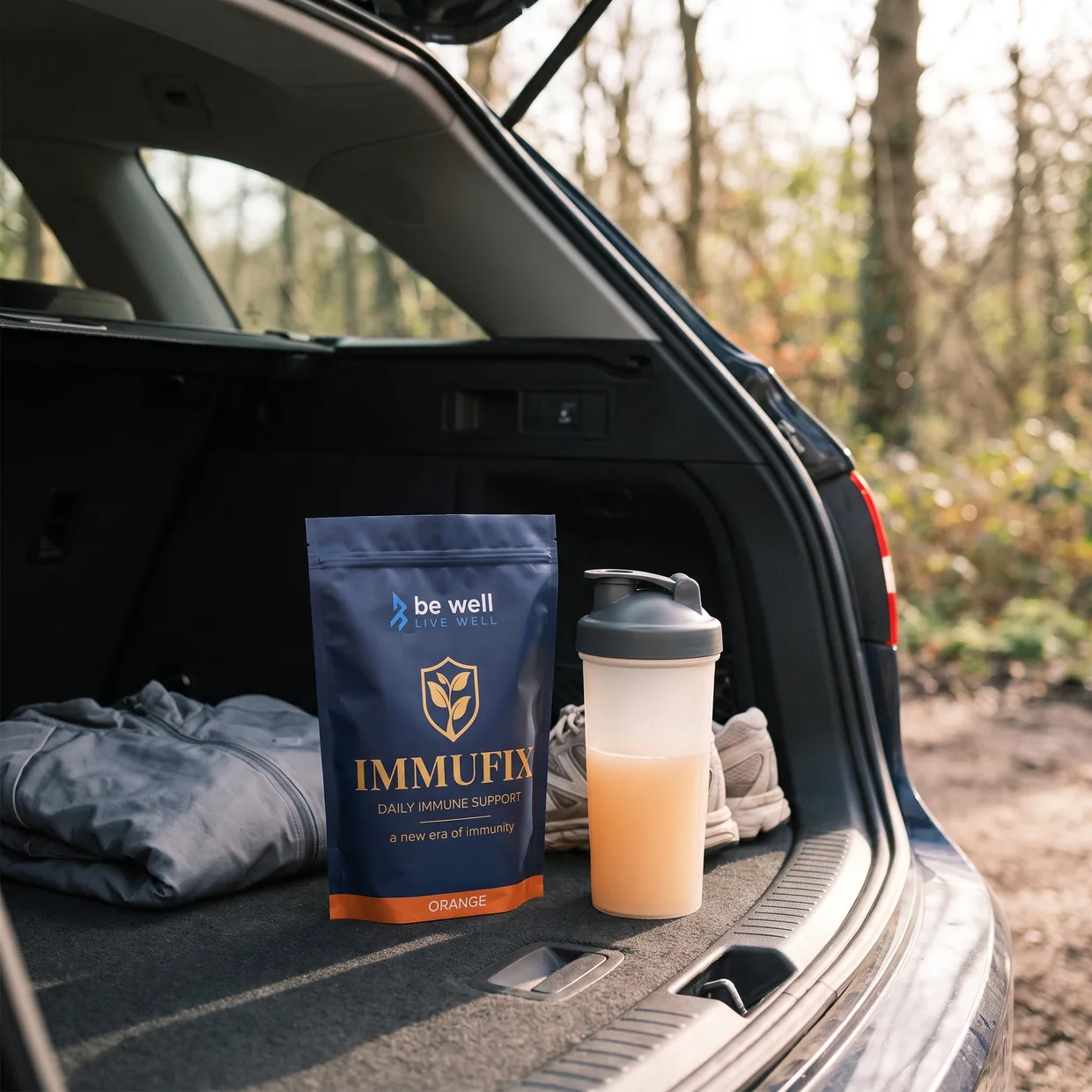 Immufix Orange and a shaker in a car boot before a run