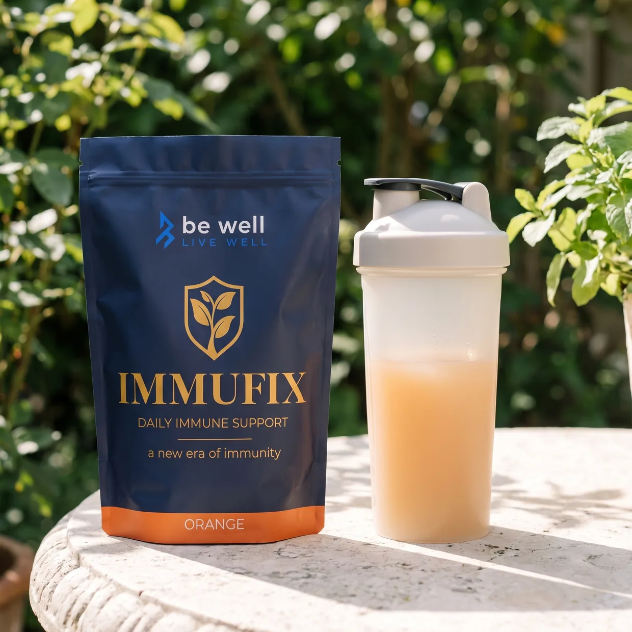 Immufix Orange and a shaker on a stone garden table in sunshine