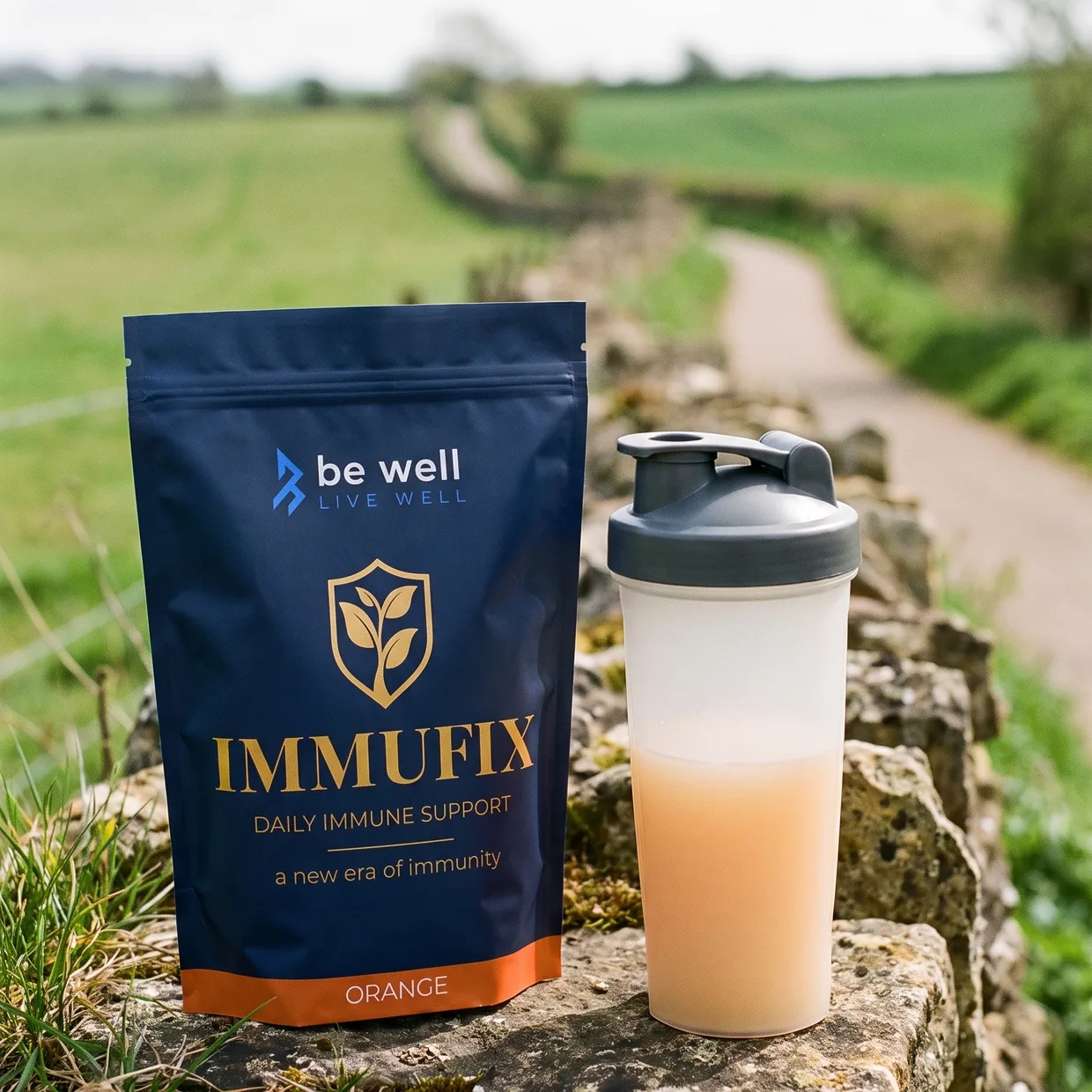 Immufix Orange and a shaker of orange drink on a dry stone wall beside a country path through green fields