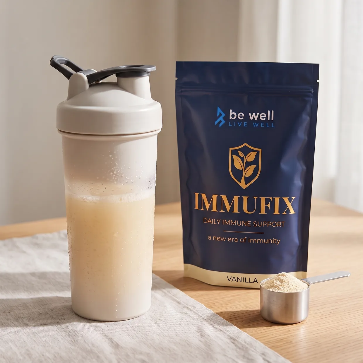 A shaker of Immufix Vanilla drink beside the pouch and a scoop of powder on a wooden table with a linen cloth