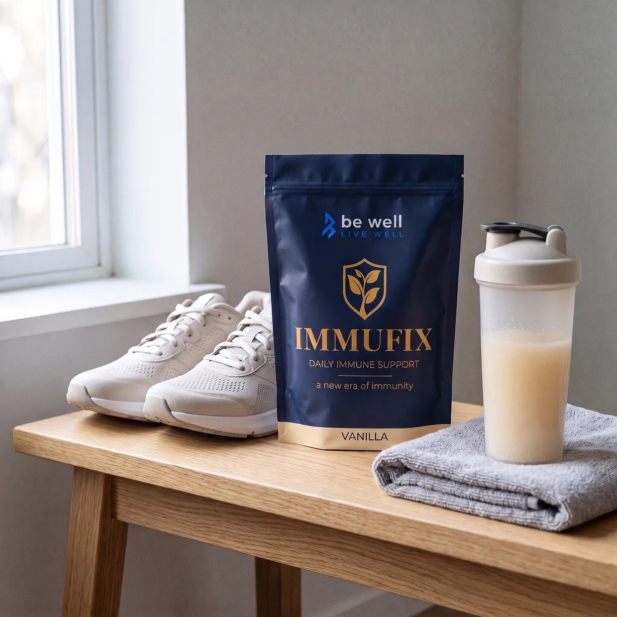 Immufix Vanilla, a shaker of vanilla drink, white trainers and a grey towel on a wooden bench by a window