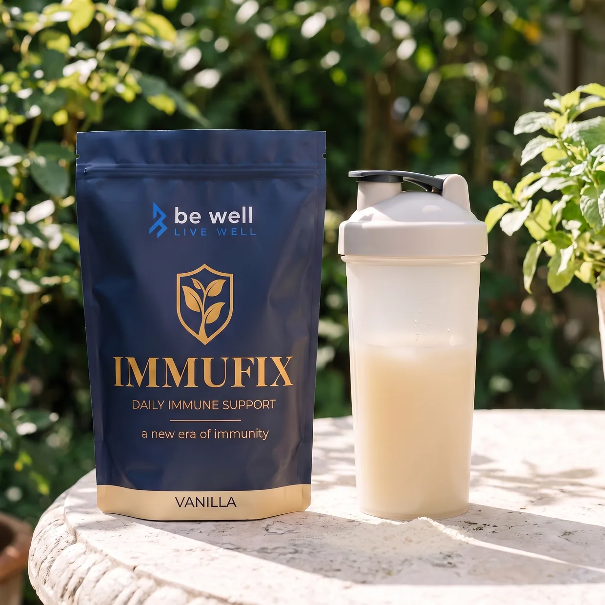 Immufix Vanilla pouch and a shaker of vanilla drink on a stone garden table in front of green shrubs
